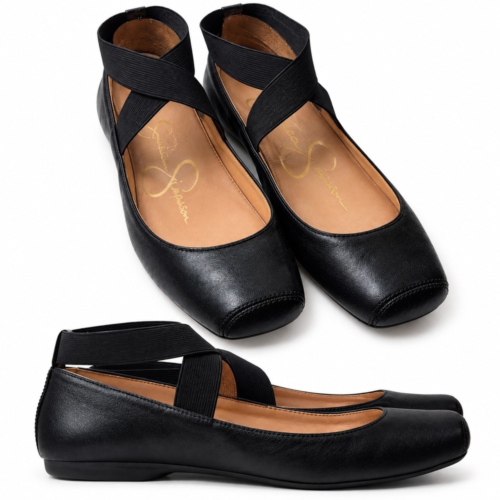 JESSICA SIMPSON Mandalaye SquareToe Ballet Flat Sz 9.5 Black Elastic Ankle Strap